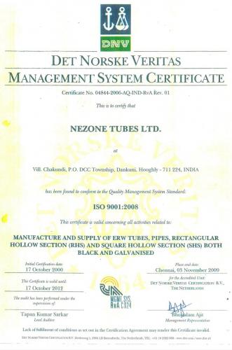 Nezone ISO Certificate of Nezone Tubes Limited